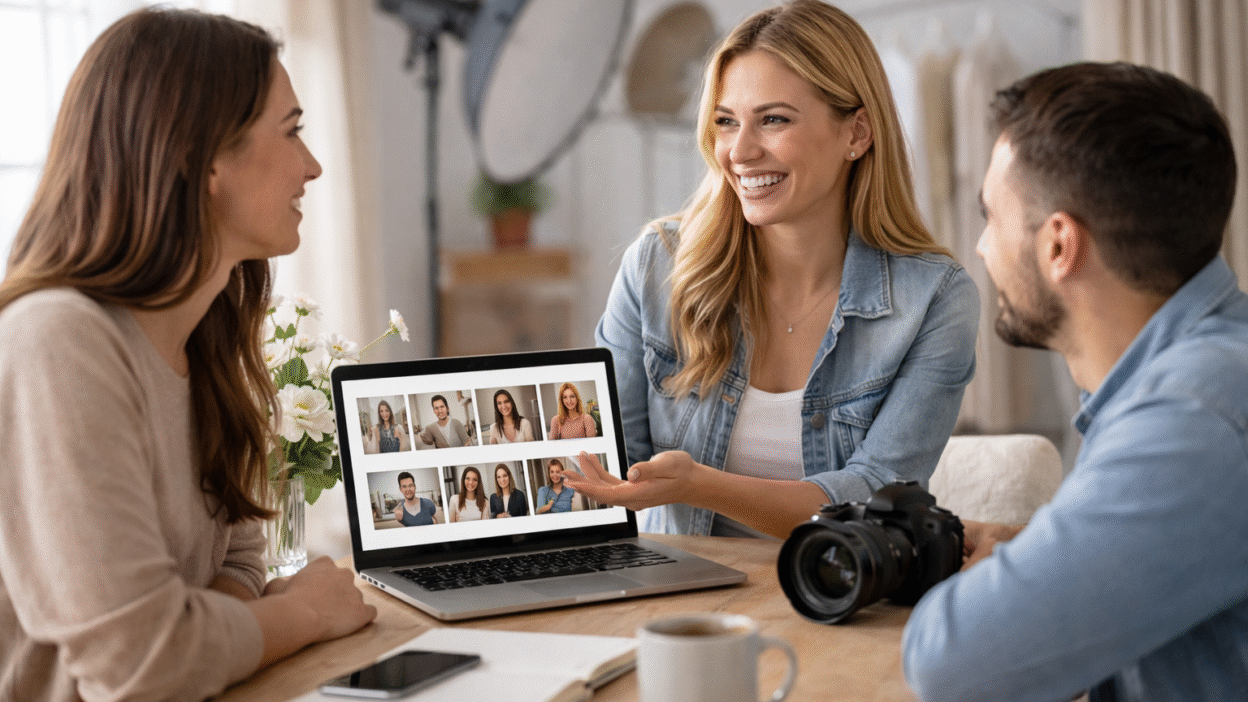 Wedding photographer reviewing pricing packages on laptop at desk with contract and coffee