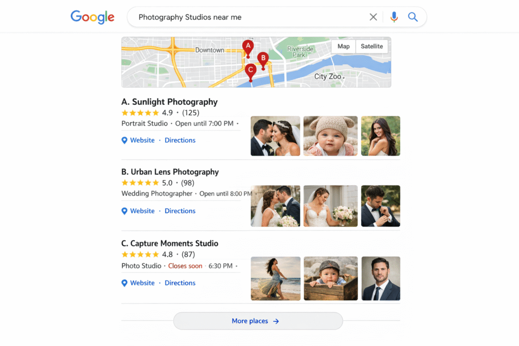Google Maps search results showing photography businesses in local pack with star ratings and photos